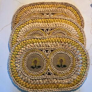3 Vintage Wicker Rattan Embroidered Placemats